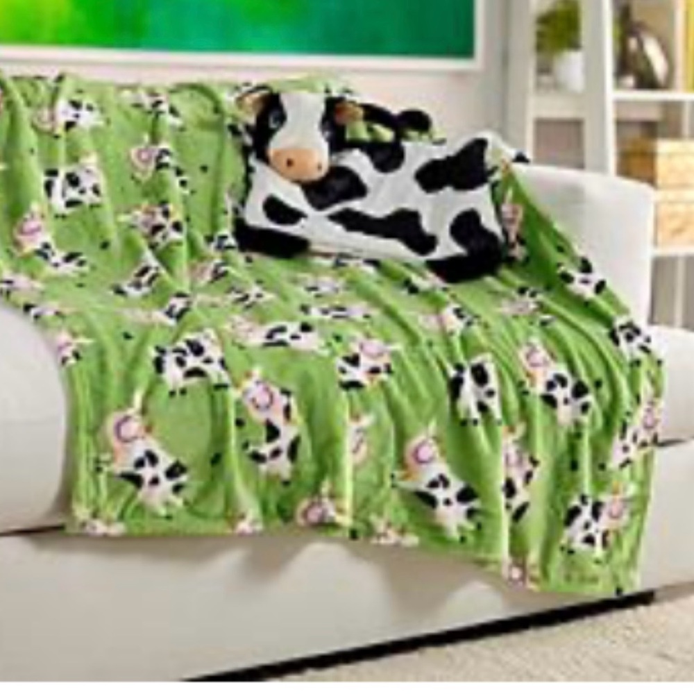 Green Cow Print Blanket with Plush Toy